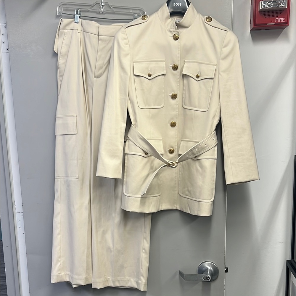 Cream Military Style Jacket and Pants Set